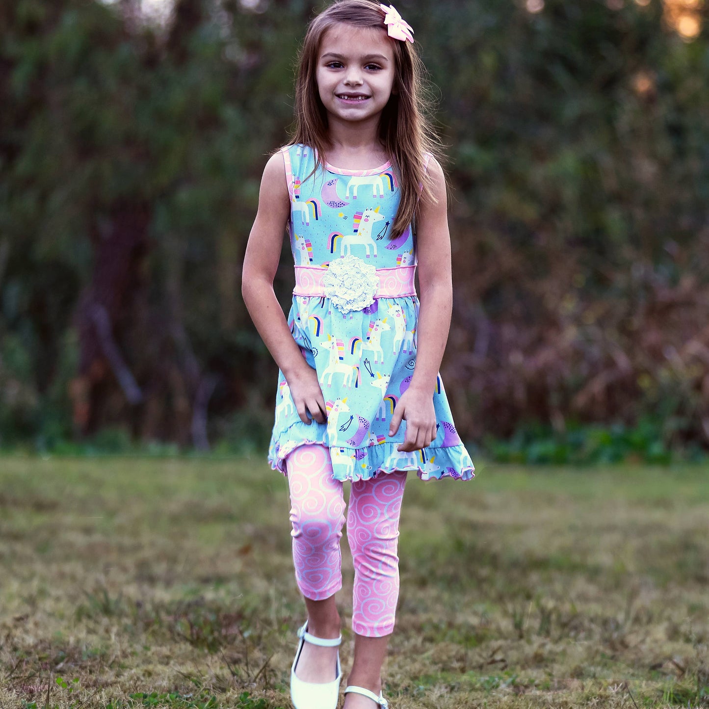 AnnLoren Girls Unicorn Dress & Pink Leggings
