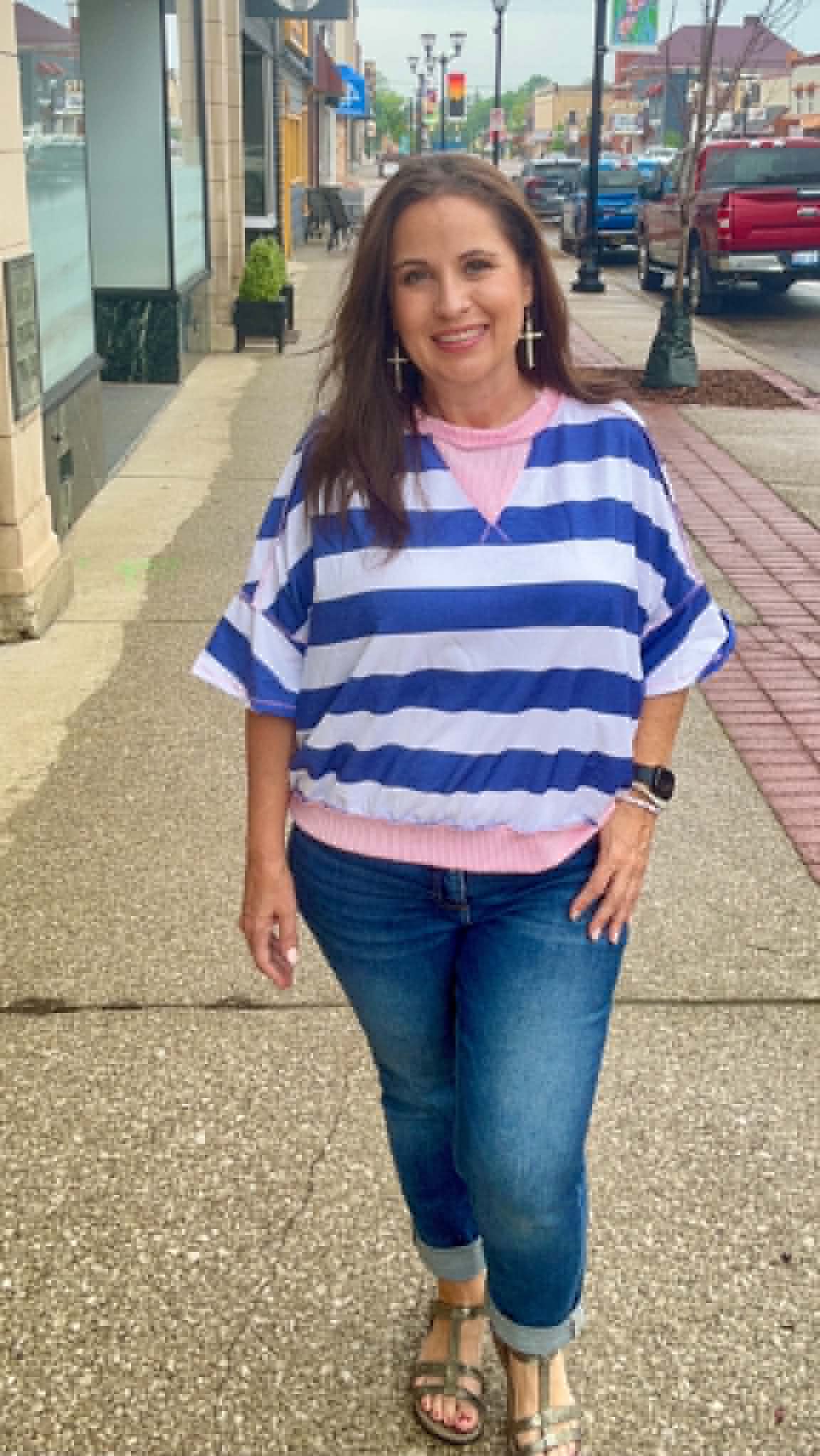 Flutter Elbow Sleeve Stripe French Terry Top