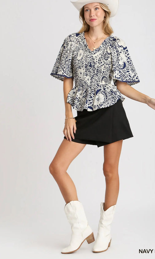 UMGEE - Two Tone Paisley Print Top, Navy