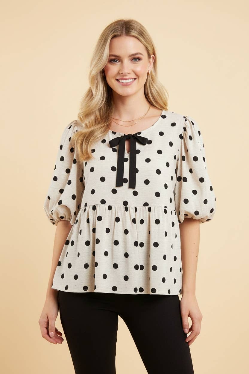 HT20401 Polka Dot Puff Sleeve Peplum Blouse Top