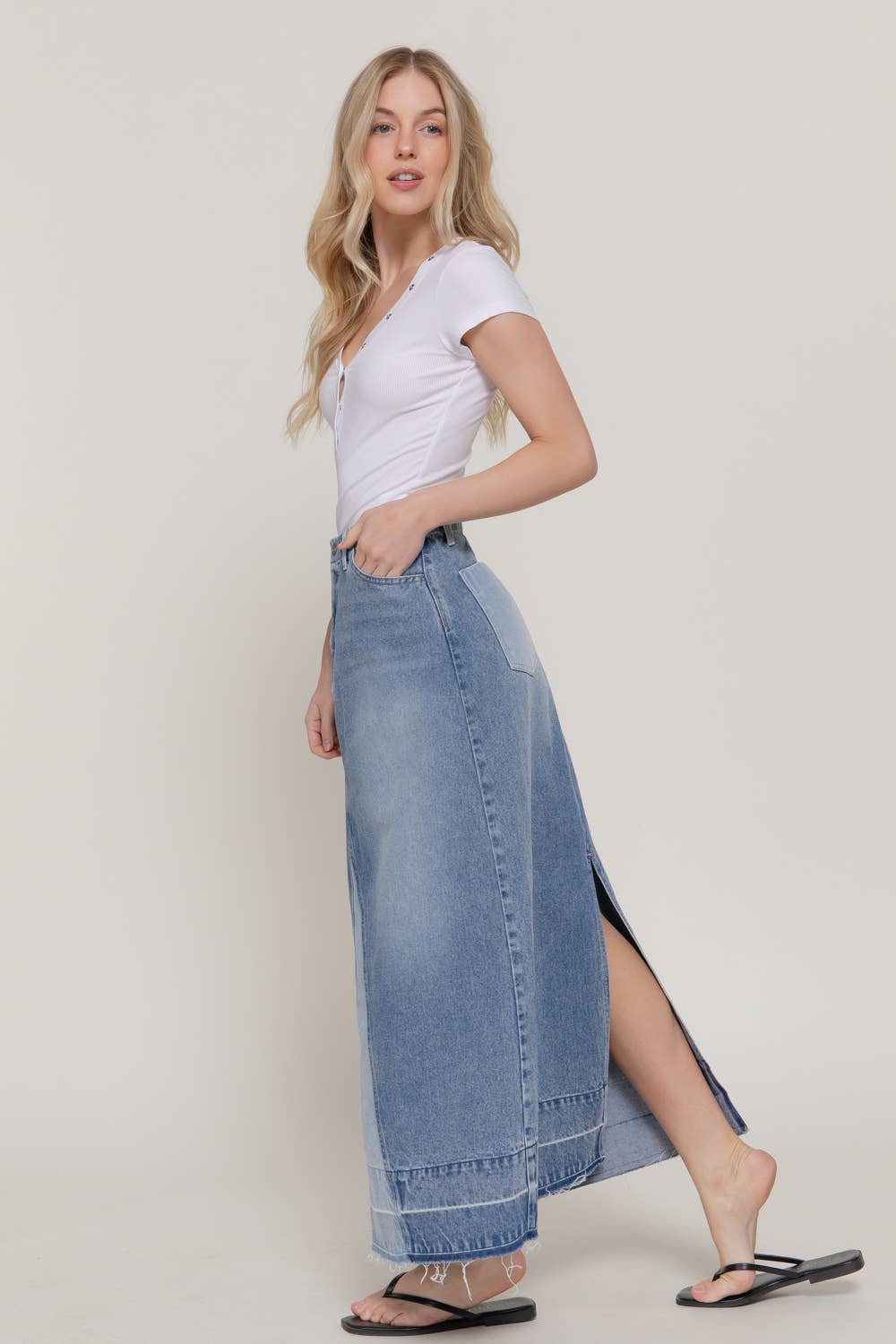 Combined Denim Midi Skirt