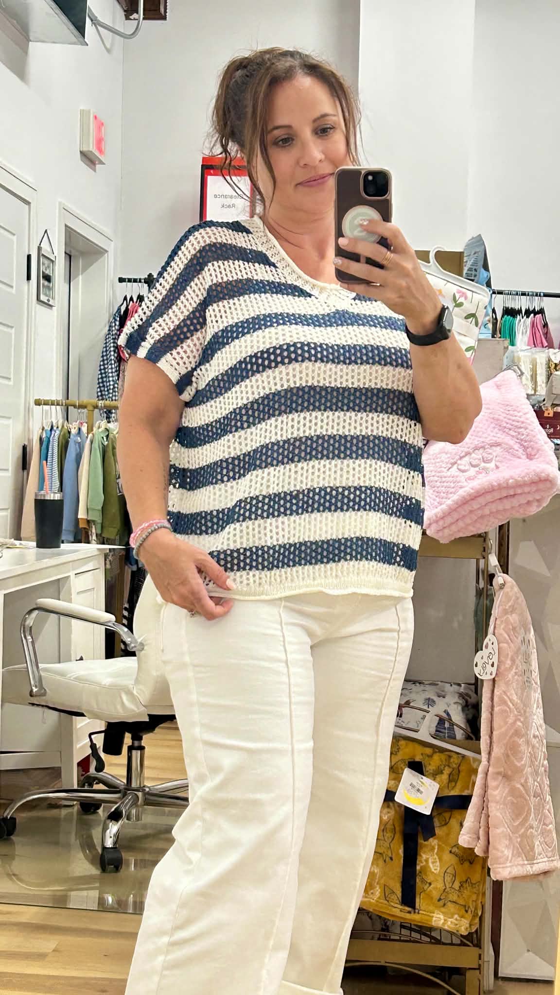 Navy & White Striped Open Knit