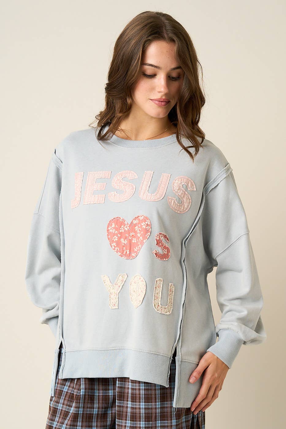 JESUS LOVES YOU PATCHWORK MINERAL WASH SWEATSHIRT