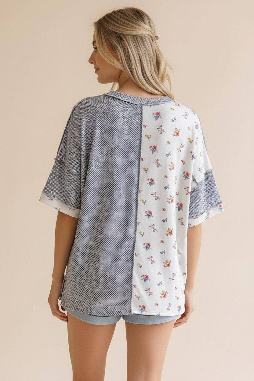 Textured Knit Floral Color Block Patchwork Top