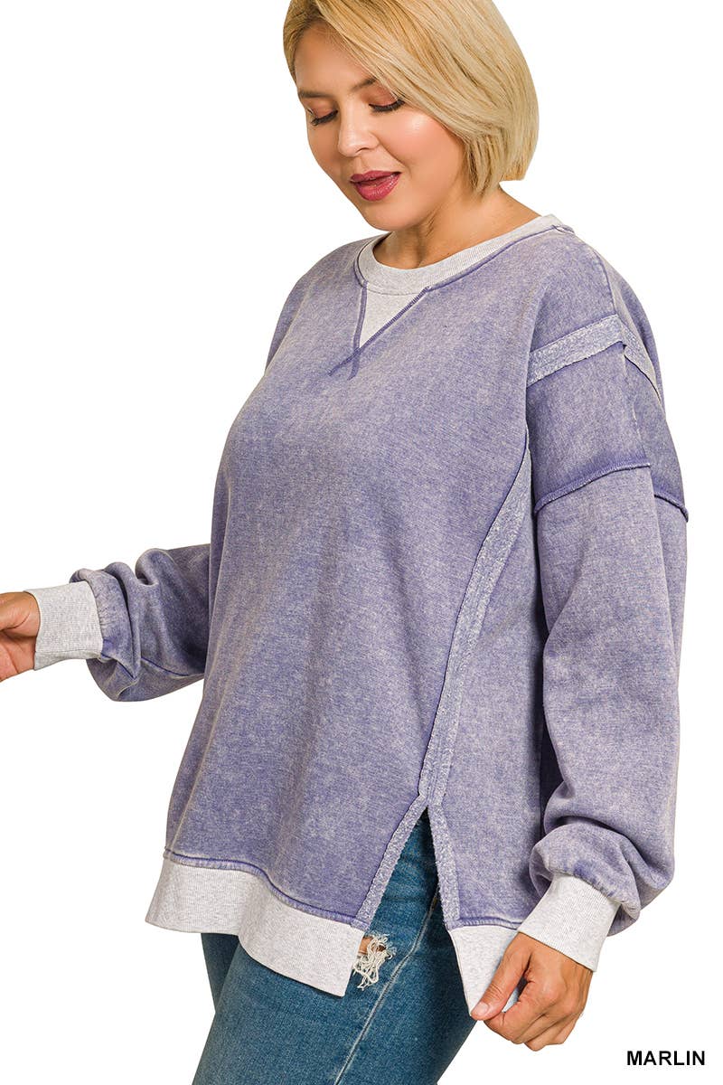 Plus Fleece Acid Washed Contrast Trim Pullover Zenana
