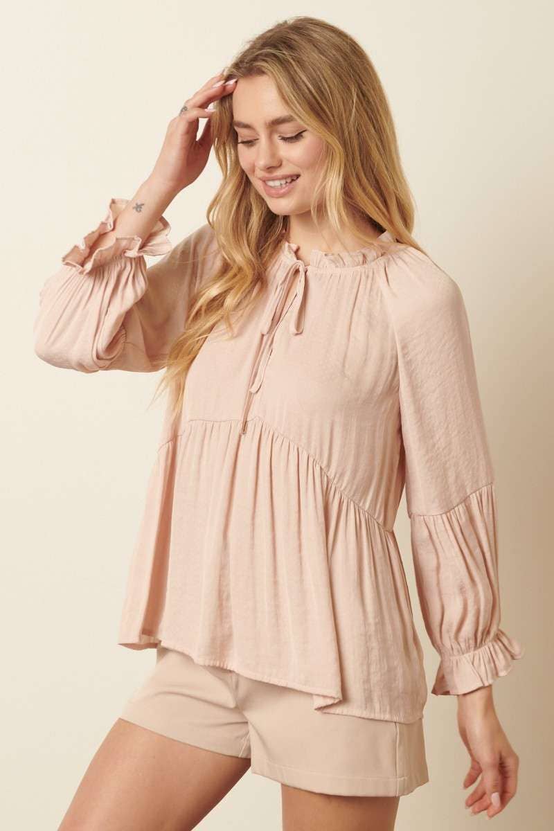 RUFFLE TIE FRONT BABYDOLL BLOUSE