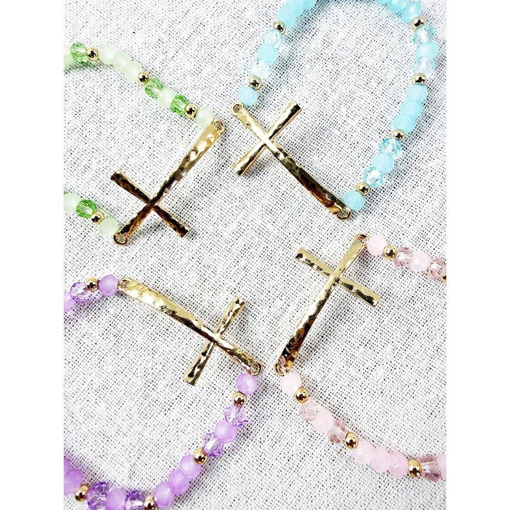 Hammered Cross Soft Tone Mixed Bead Stretch Bracelet