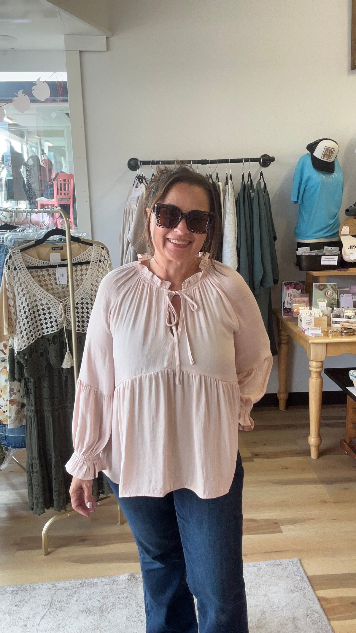 RUFFLE TIE FRONT BABYDOLL BLOUSE