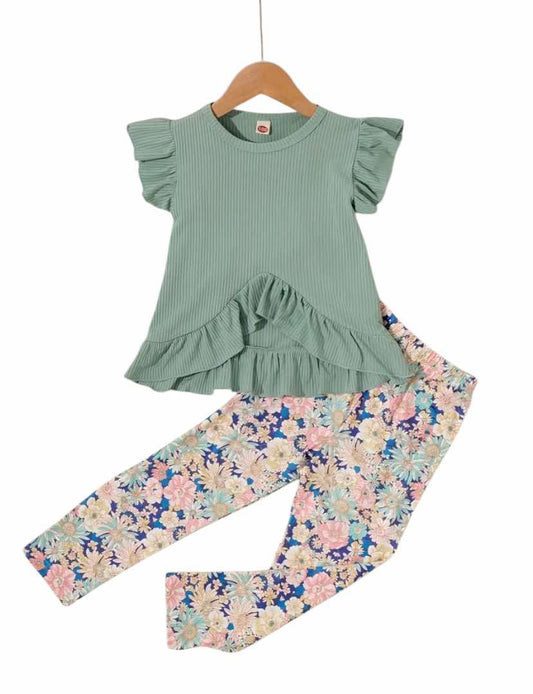 Ruffle Hem High Low Top with Floral Pants