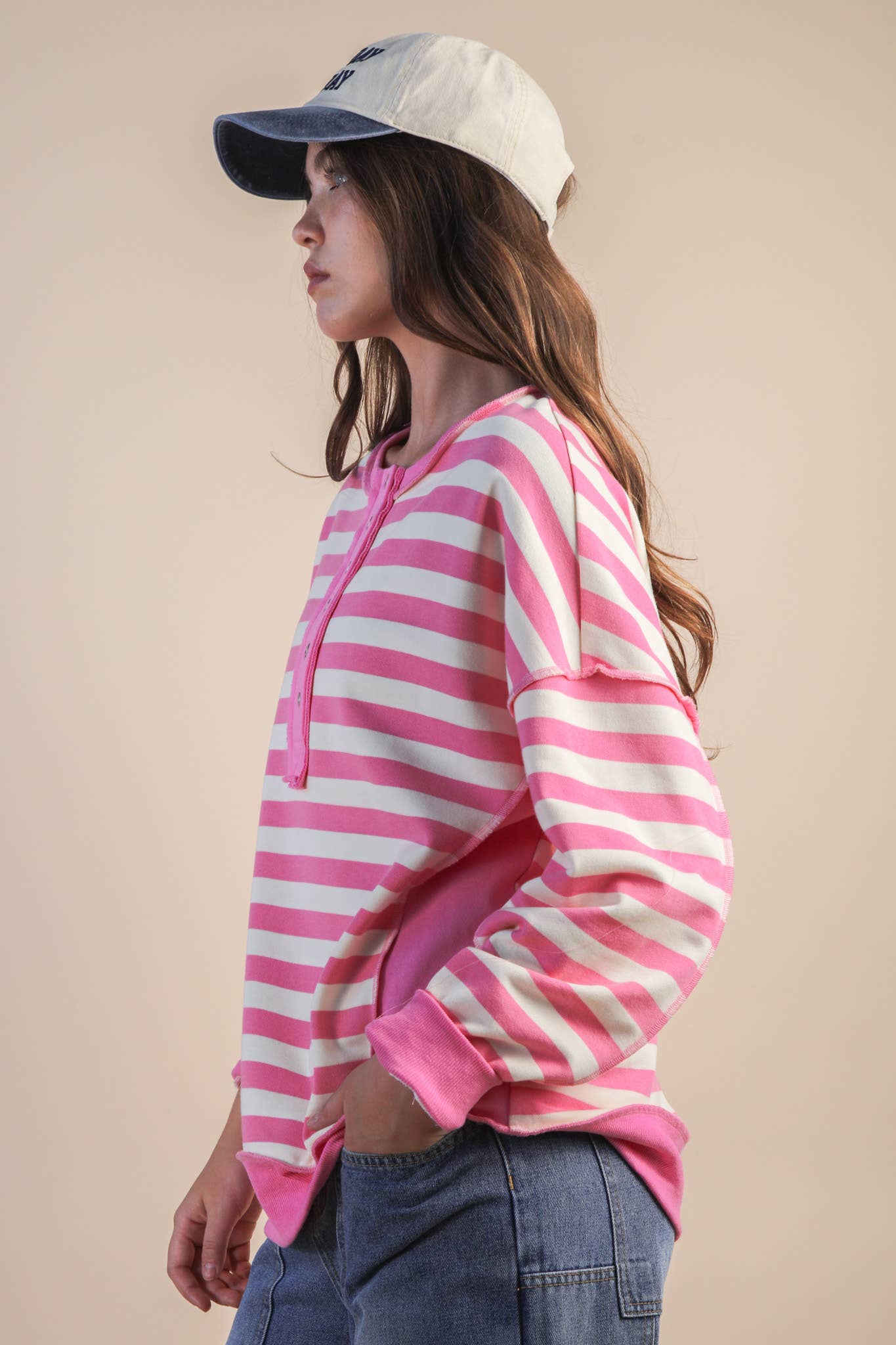 Oversized Striped Half Button Down Casual Knit Top