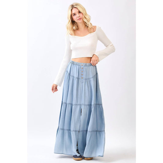 WASHED CHAMBRAY BUTTON FRONT TIERED MAXI SKIRT