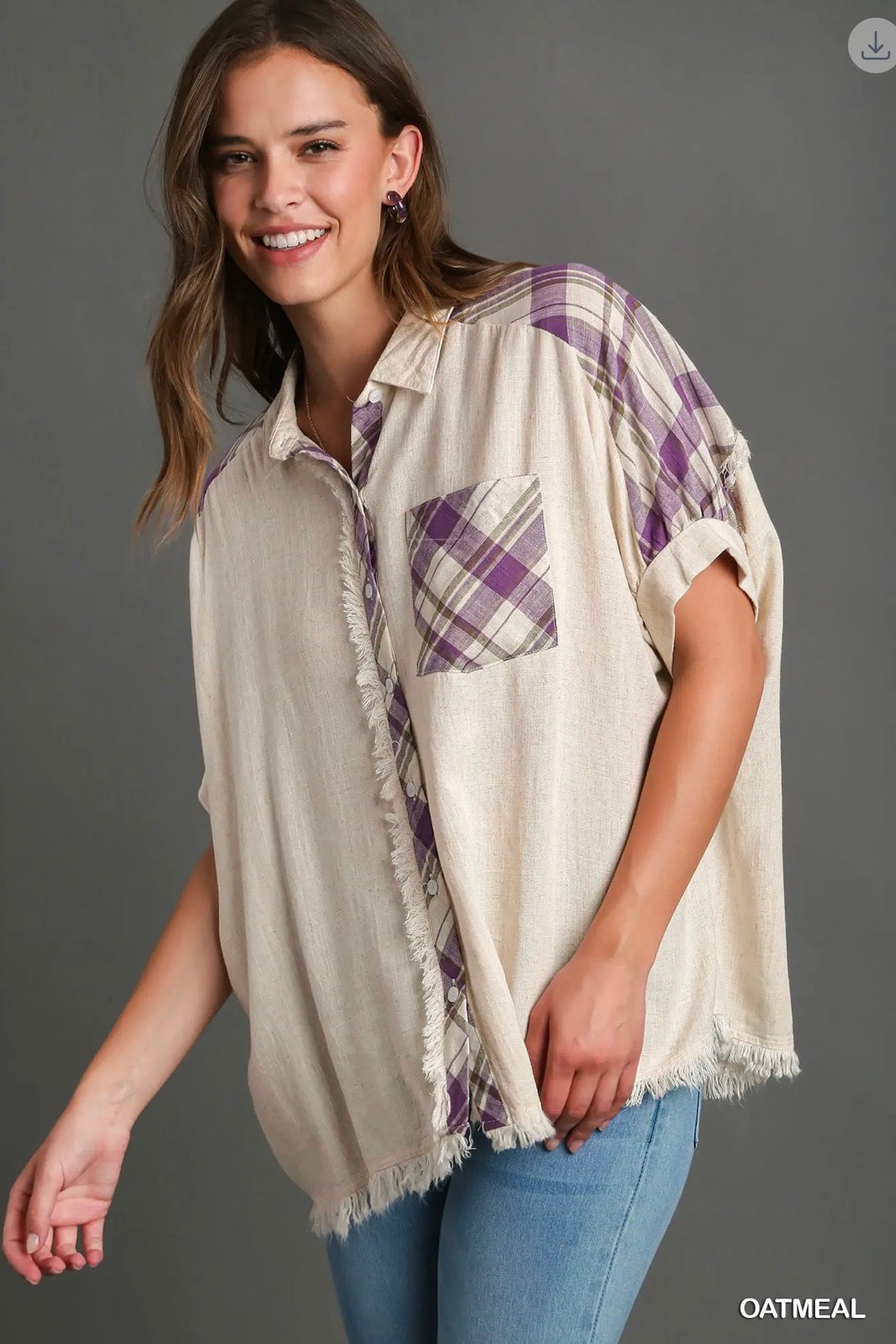 UMGEE Linen Plaid Button Down Frayed Hem