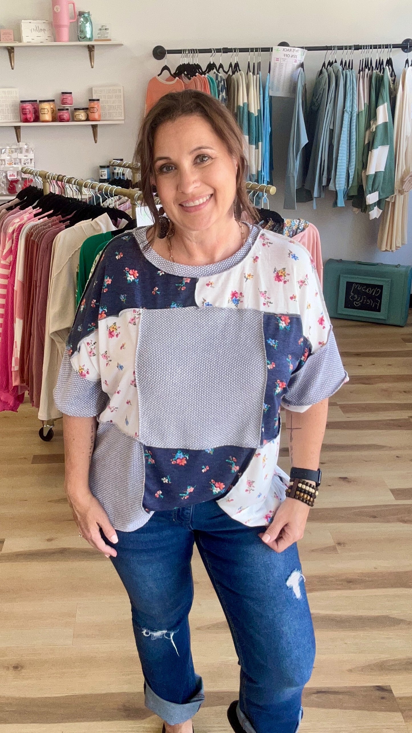 Textured Knit Floral Color Block Patchwork Top
