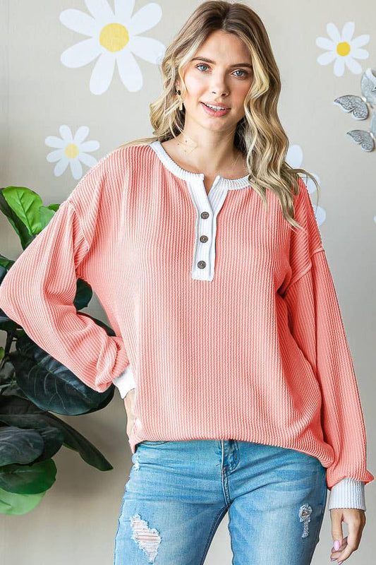 Ribbed Drop Shoulder Button Front Long Sleeve Top T5402