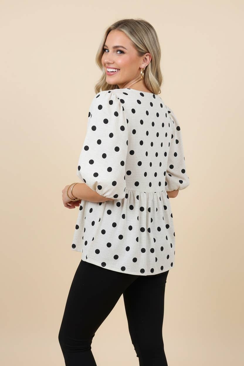 HT20401 Polka Dot Puff Sleeve Peplum Blouse Top
