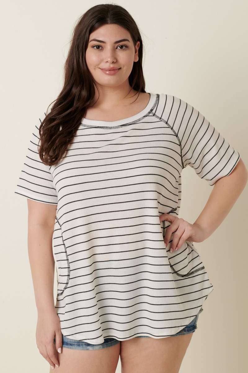 PLUS THERMAL STRIPE FRONT POCKET DETAIL KNIT TOP