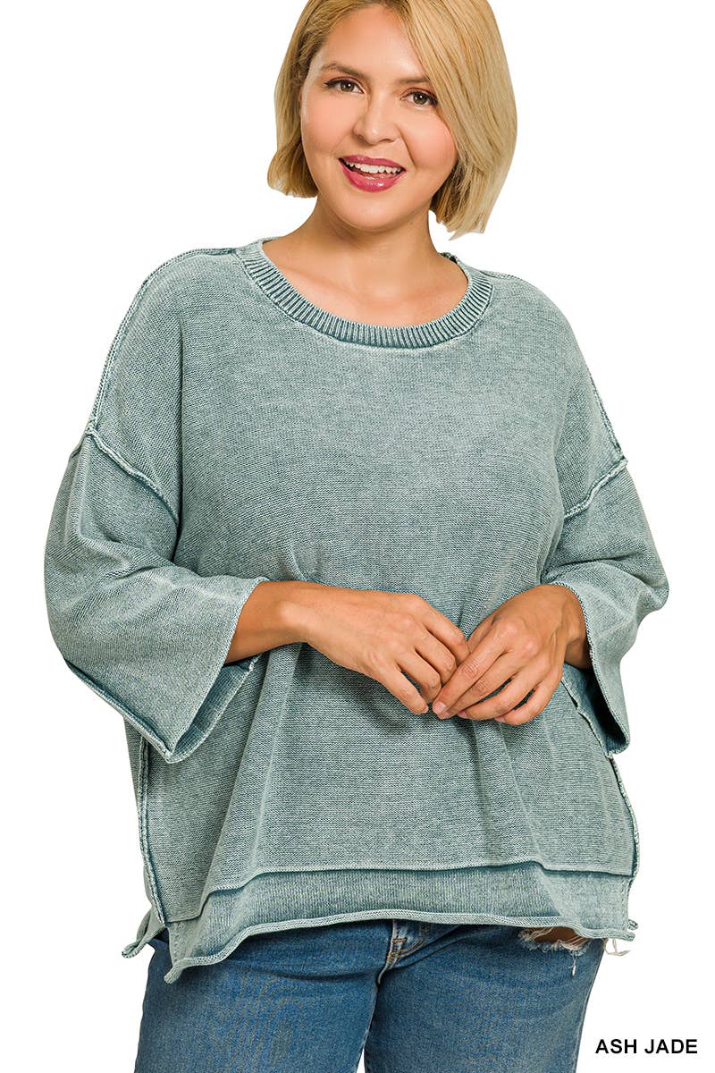 Washed 3/4 Sleeve Boxy Sweater