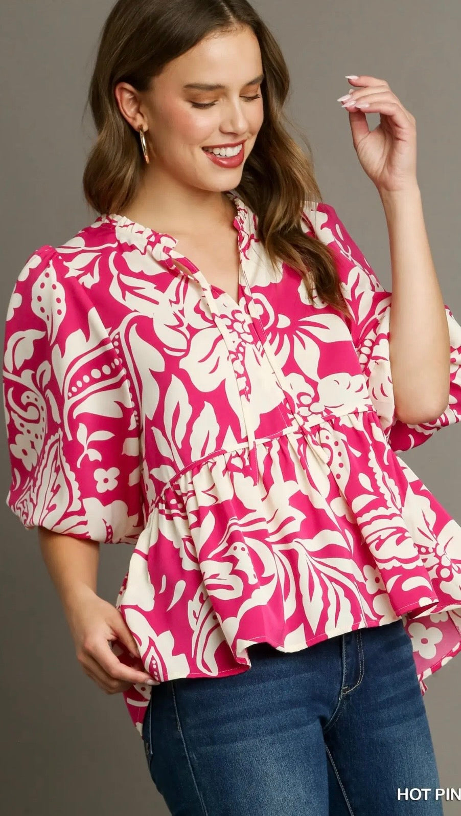 UMGEE Floral Print Split Neck Front Tie Top