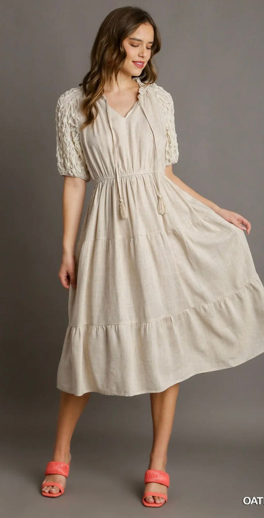 UMGEE Linen Split Neck Front Tie Midi Dress