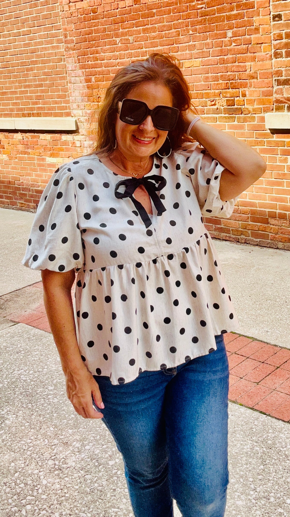 HT20401 Polka Dot Puff Sleeve Peplum Blouse Top