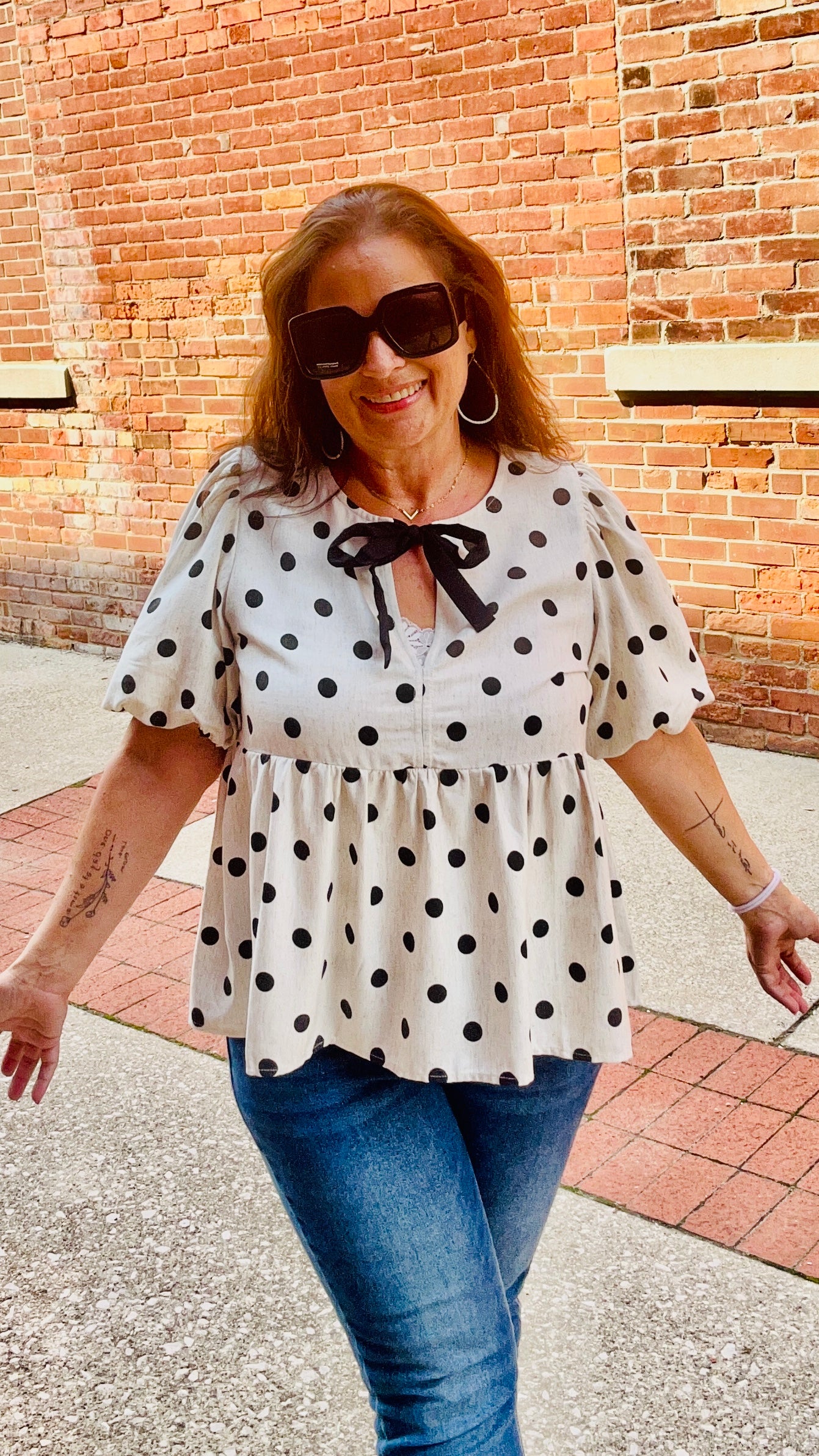 HT20401 Polka Dot Puff Sleeve Peplum Blouse Top