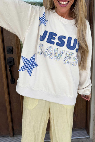 JESUS SAVES PATCHWORK CREW NECK SWEATSHIRT