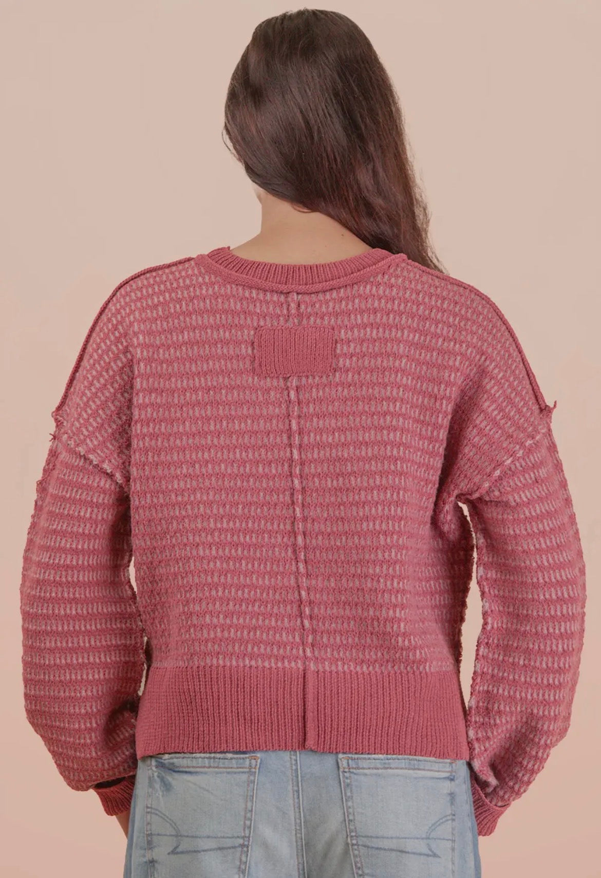 Two Tone Textured Knit Casual Sweater Top