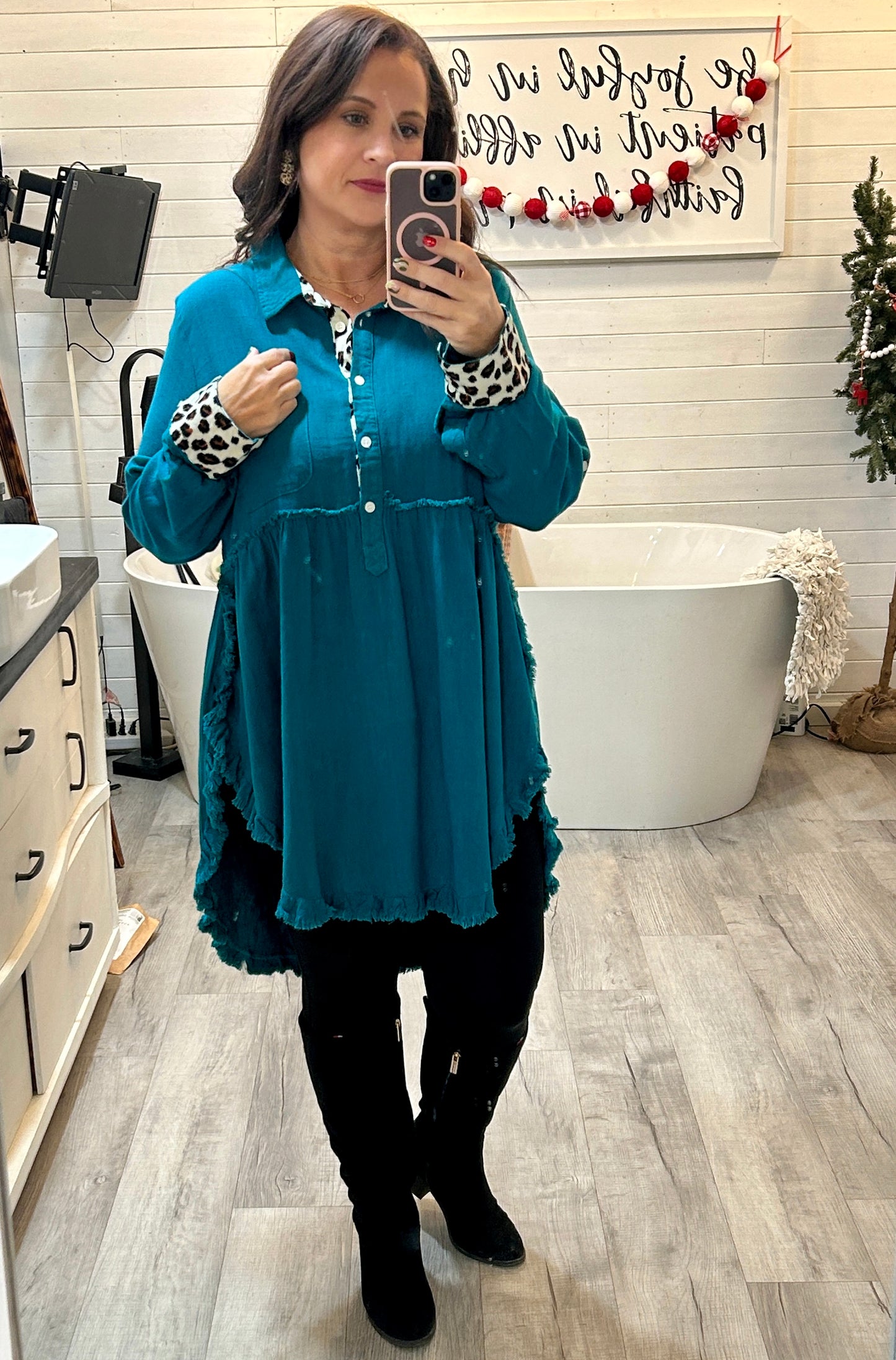 UMGEE Teal Linen Animal Print Tunic Dress