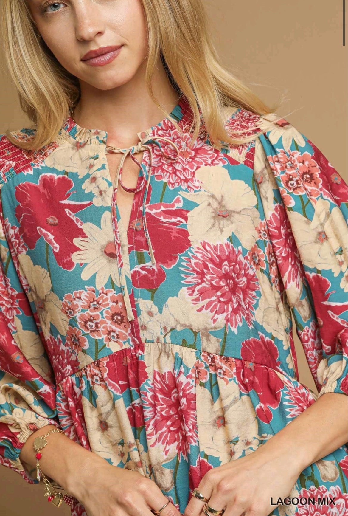 Mix Floral Peplum Blouse with Tie Neck