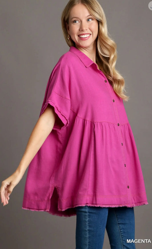 UMGEE - Linen Button Up With Side Slit and Frayed Hem