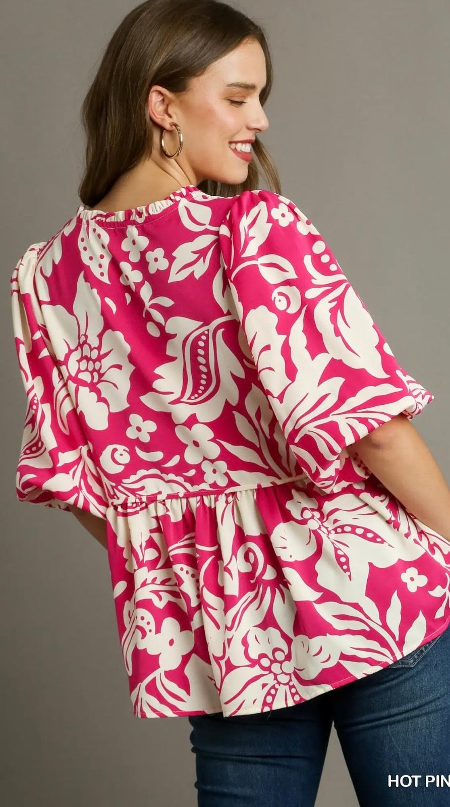 UMGEE Floral Print Split Neck Front Tie Top