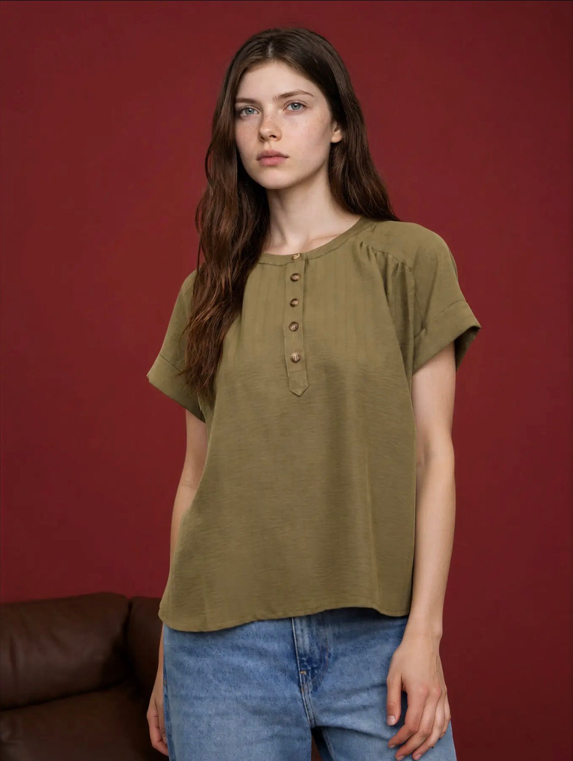 Stripe Texture Henley Button Short Sleeve Top