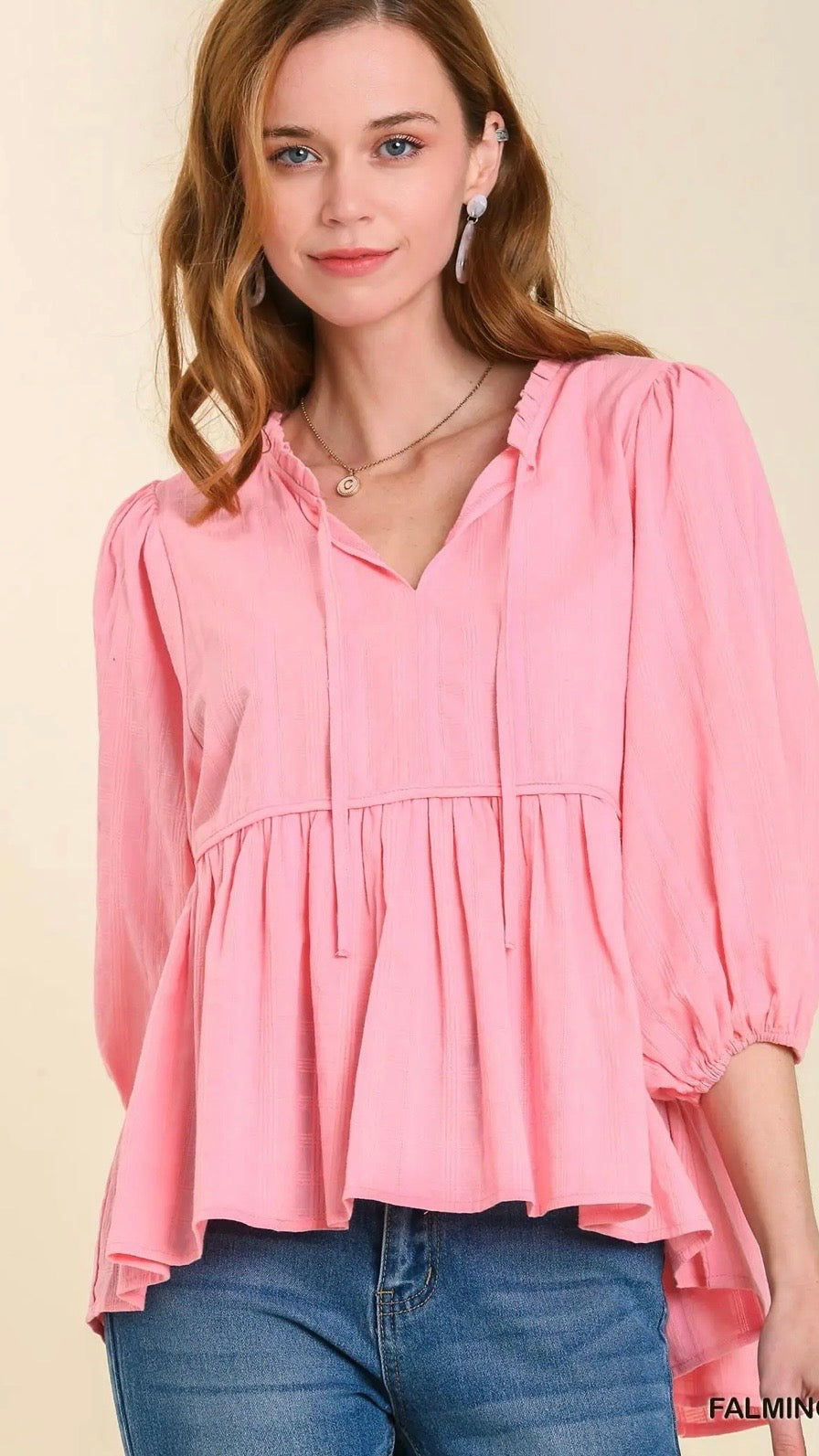 UMGEE Checkered 3/4 Sleeve BabyDoll High Low Hem Top