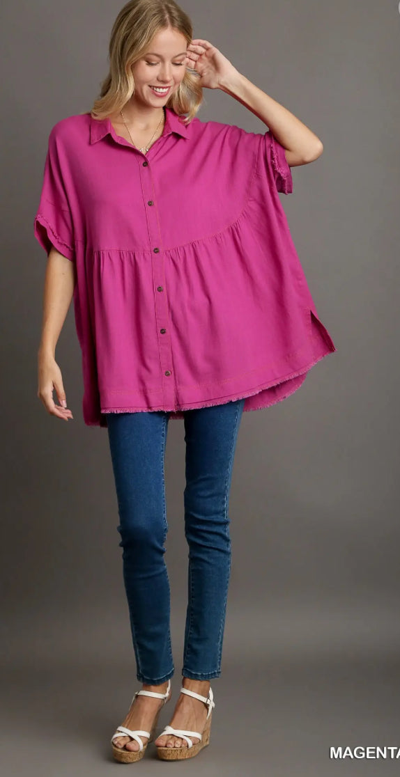 UMGEE - Linen Button Up With Side Slit and Frayed Hem