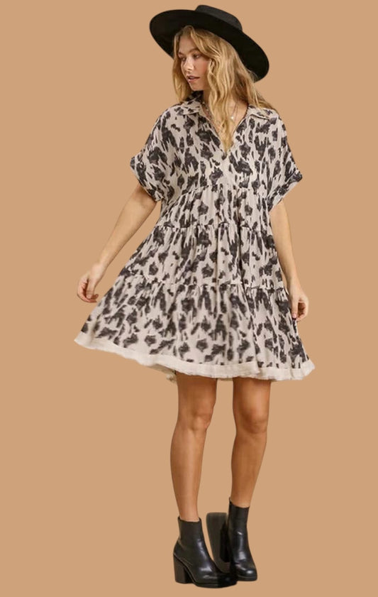 UMGEE - Animal Print Collared Split Neck Frayed Hem
