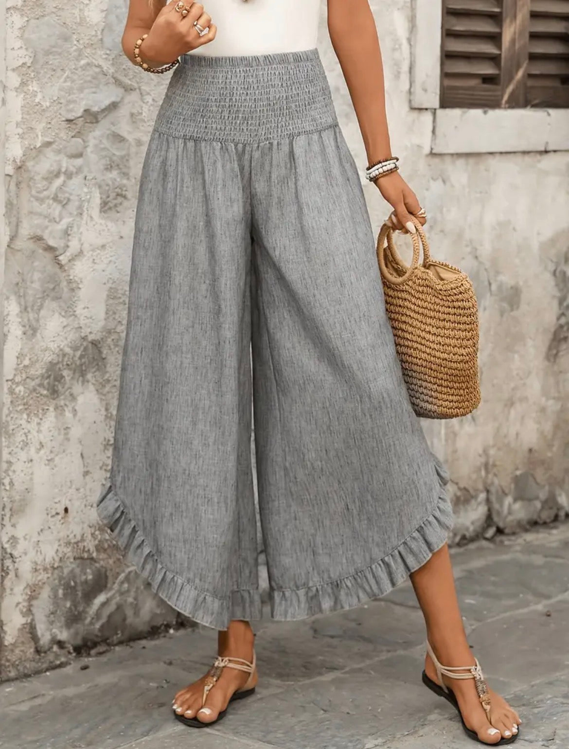 Gray Ruffle Cropped Pants
