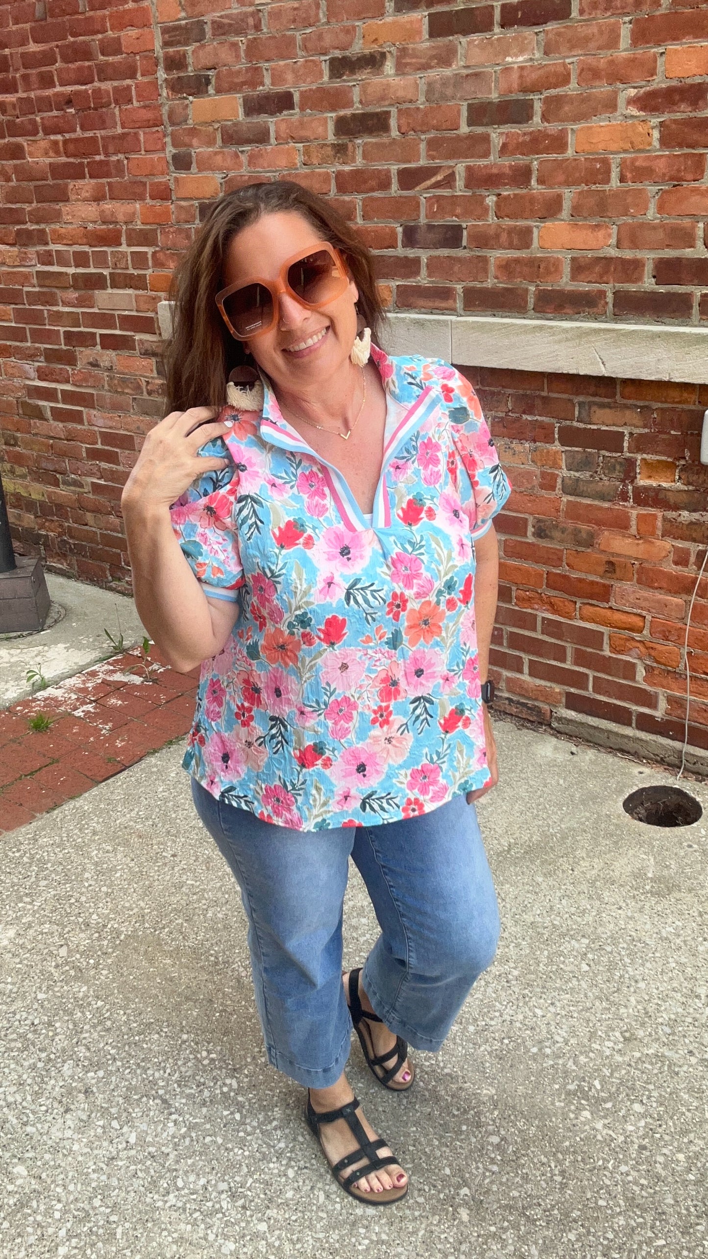 Floral High-Collar Split Neck Blouse
