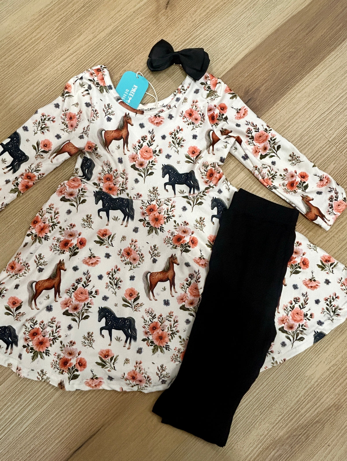 Western Floral Horse Print Girls Long Sleeve Twirl Dress