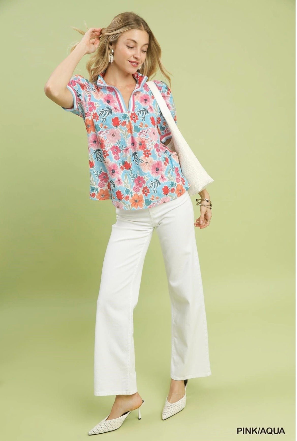 Floral High-Collar Split Neck Blouse