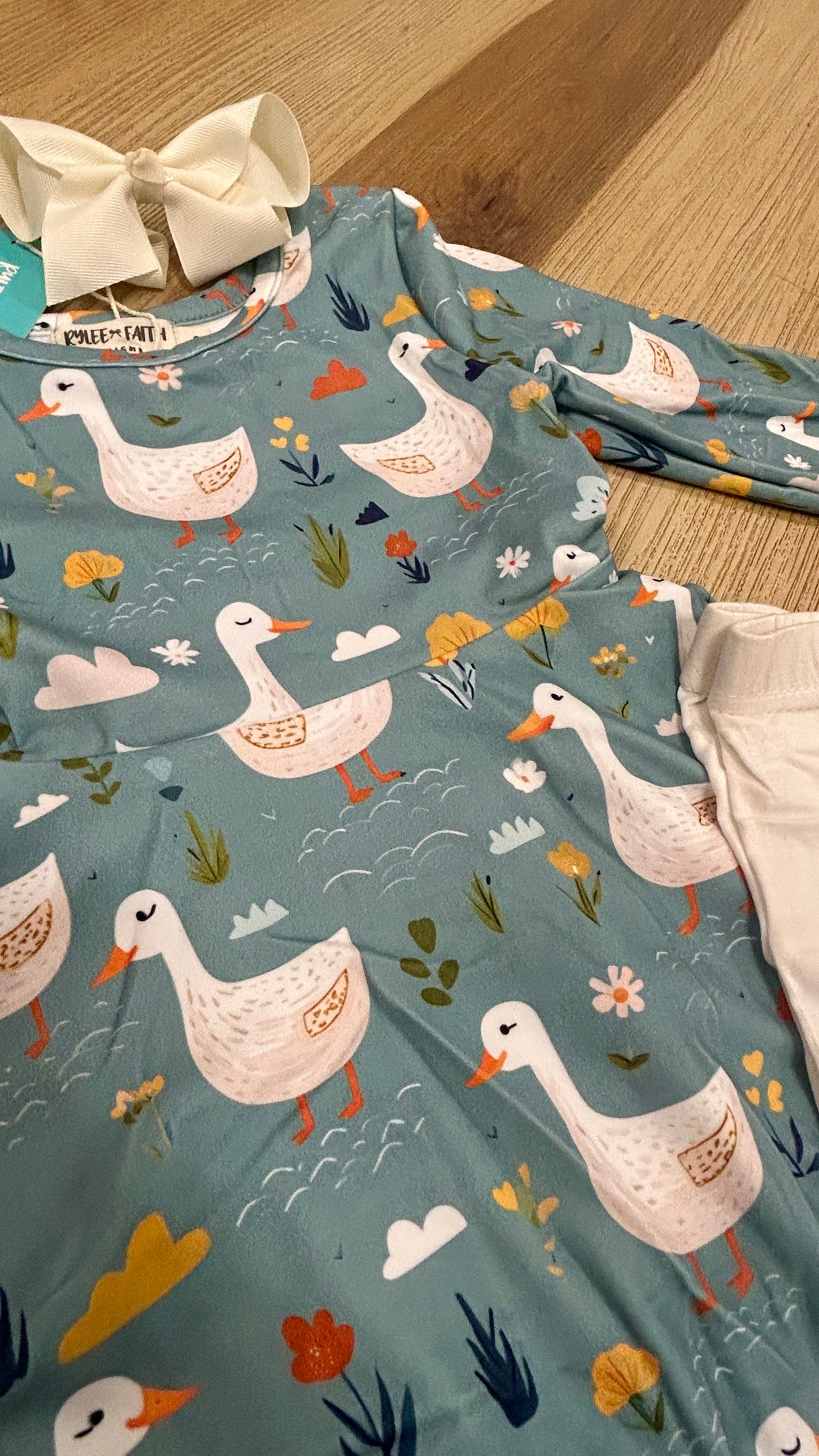 Fall Goose Print Girls Long Sleeve Twirl Dress
