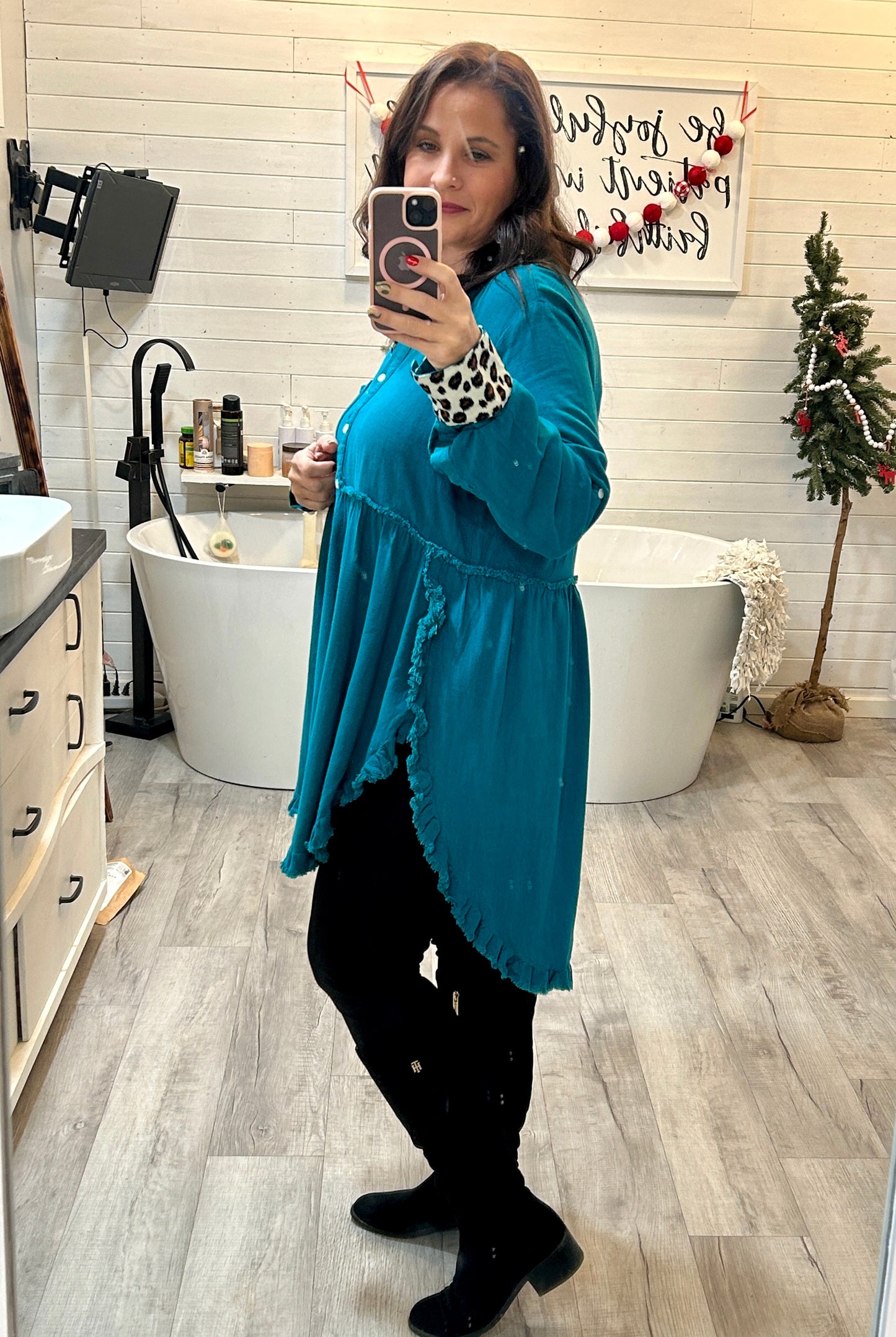 UMGEE Teal Linen Animal Print Tunic Dress