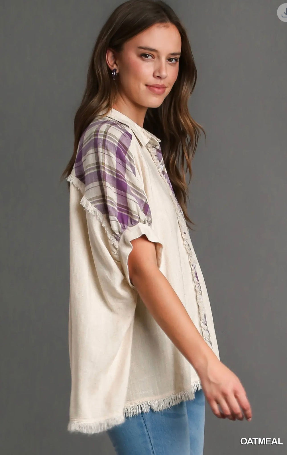 UMGEE Linen Plaid Button Down Frayed Hem