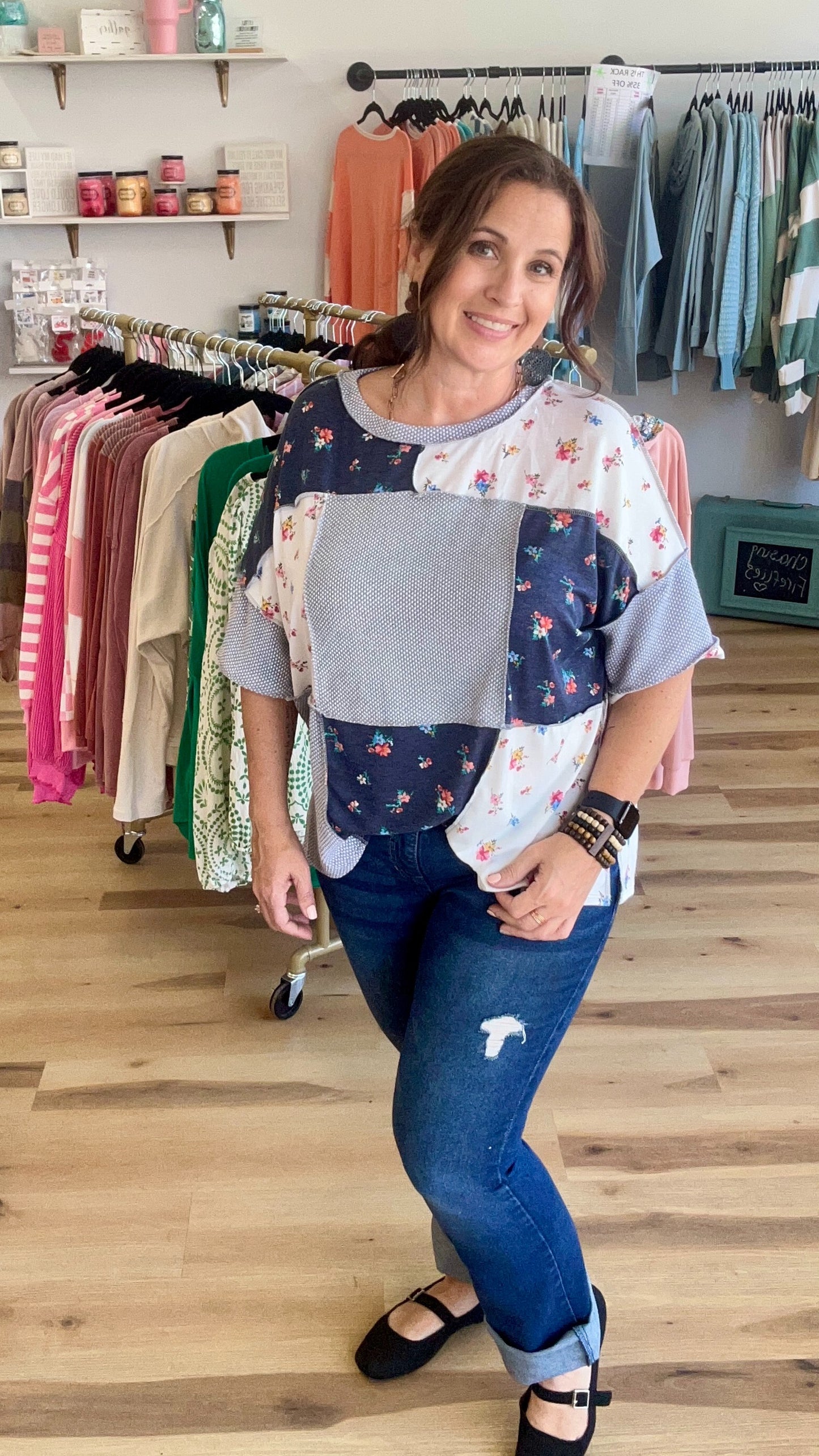 Textured Knit Floral Color Block Patchwork Top
