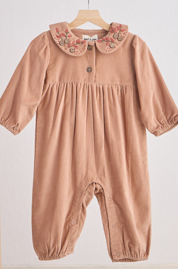 Beige Floral Embroidery Velveteen Romper
