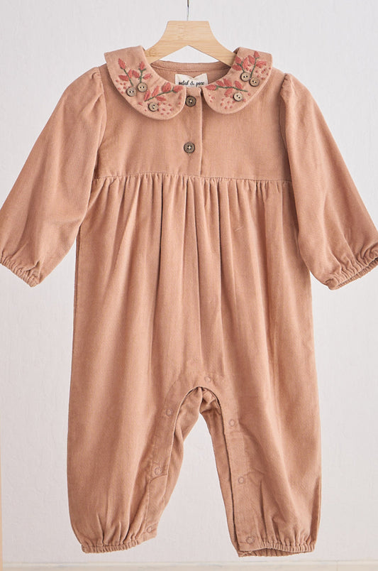 Beige Floral Embroidery Velveteen Romper