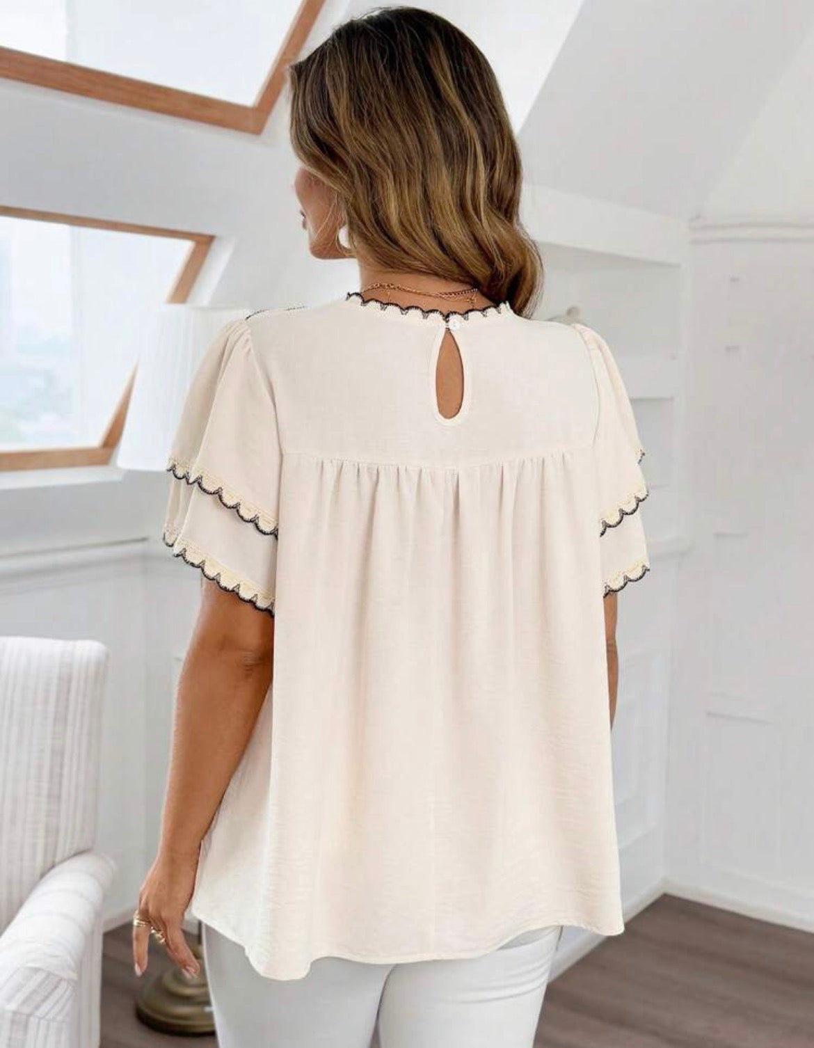 Ruffle Trim Flutter Sleeve Top