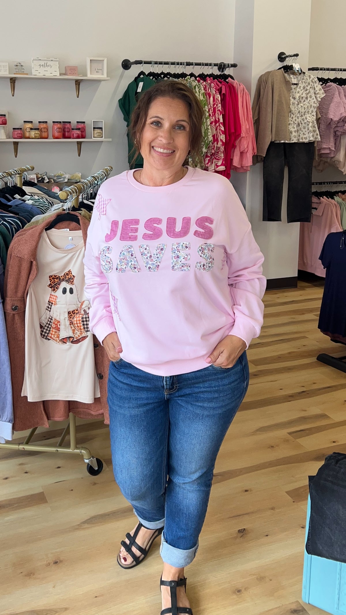 JESUS SAVES PATCHWORK CREW NECK SWEATSHIRT