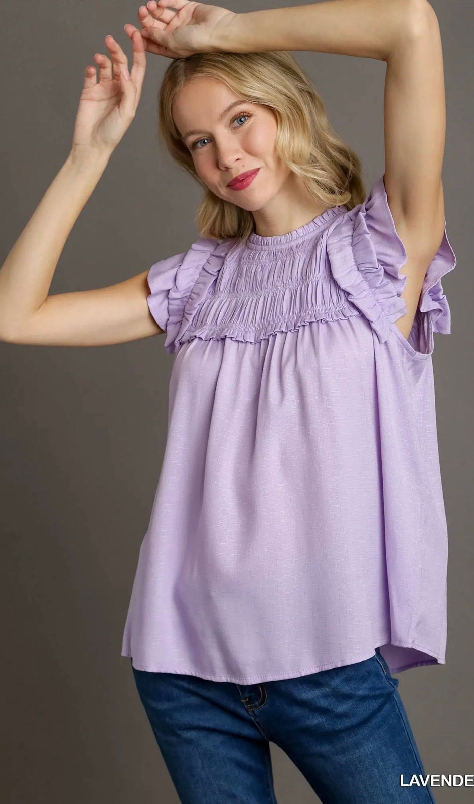 UMGEE Boxy Cut Ruffle Detailed Top with Back Button Keyhole