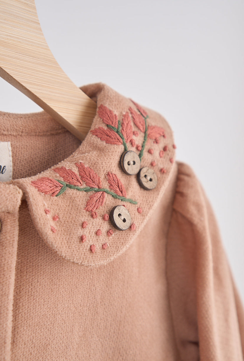 Beige Floral Embroidery Velveteen Romper