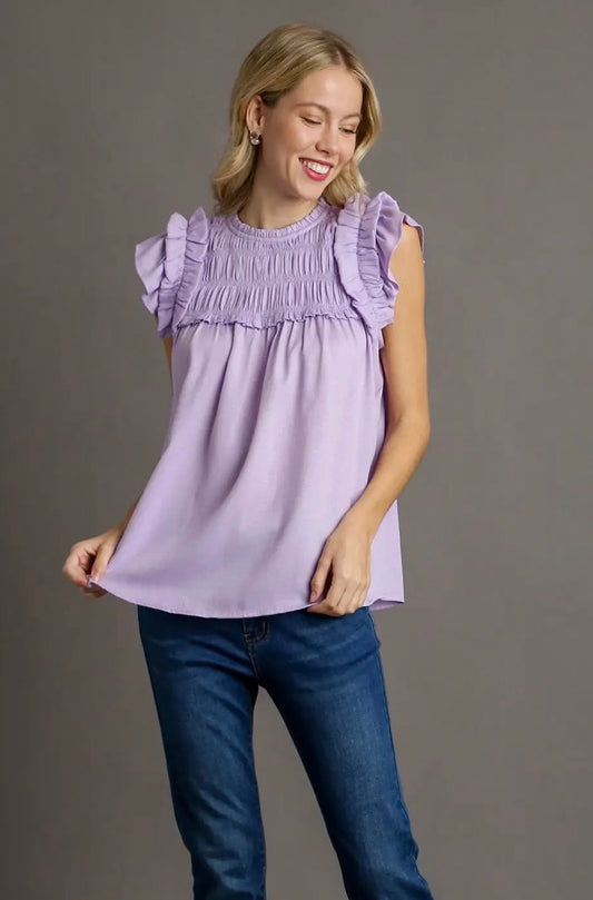 UMGEE Boxy Cut Ruffle Detailed Top with Back Button Keyhole